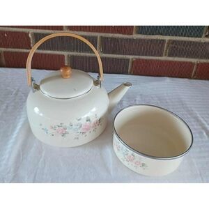 Vintage Cream Floral Tea Rose Enamel Teapot Kettle with Matching Bowl & Lid